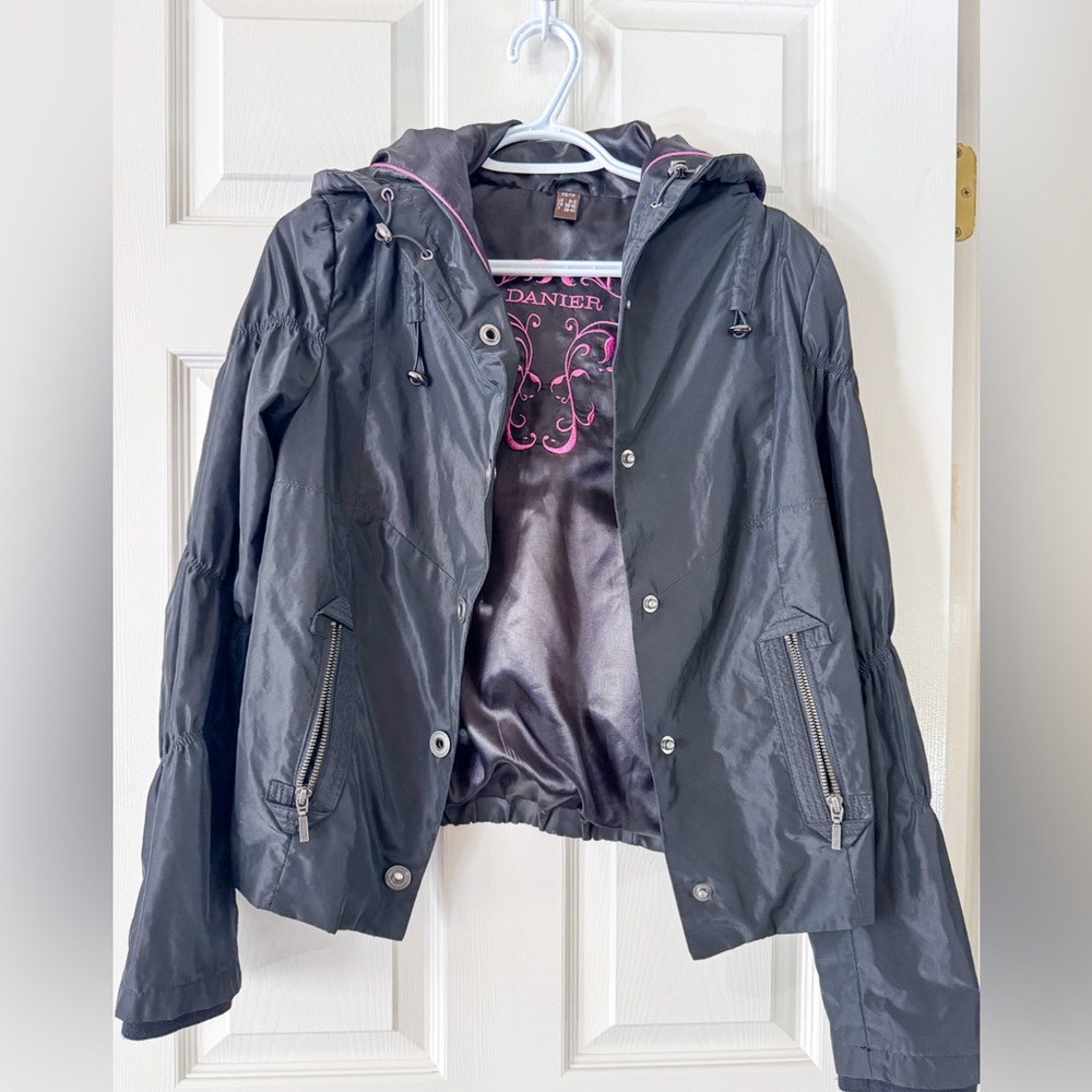 Danier Black Windbreaker Jacket with Vibrant Pink Detailing Inside, Size XS